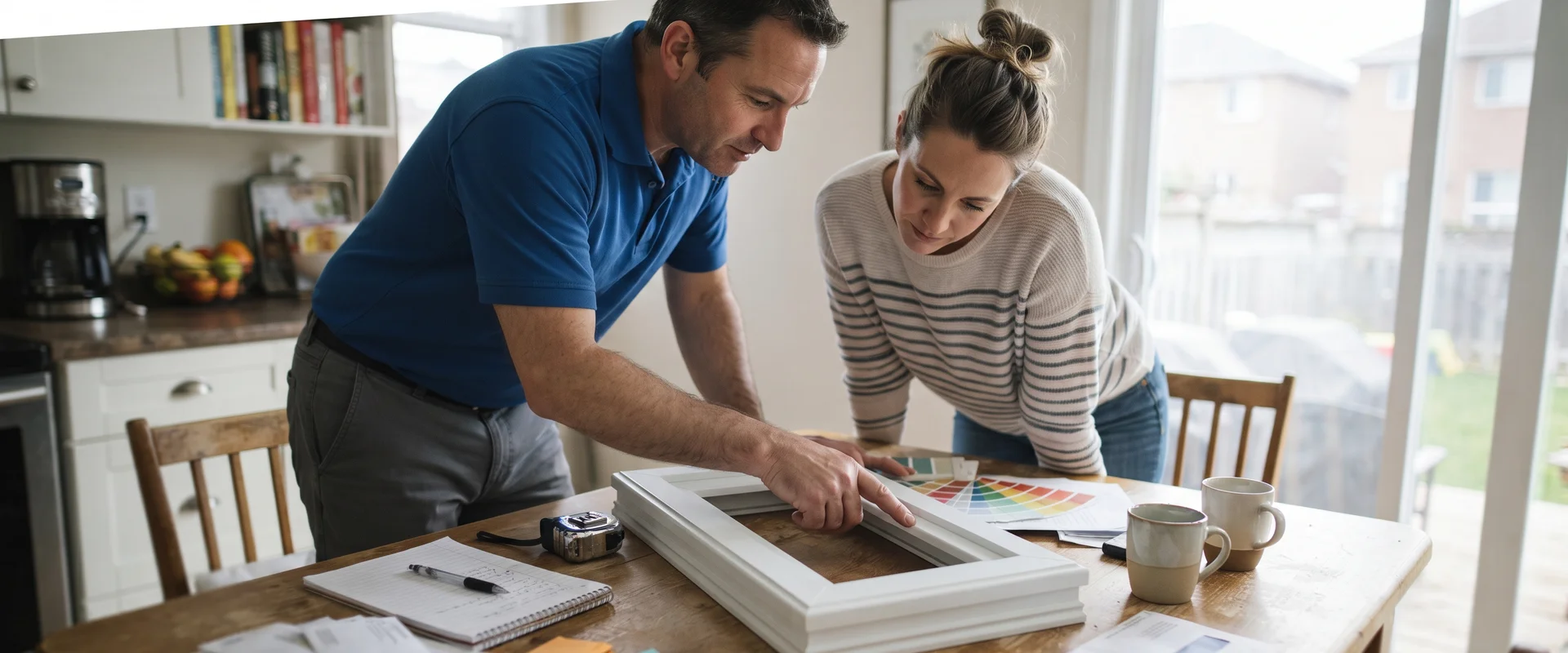 Consultant and homeowner reviewing window options at a kitchen table in a GTA home