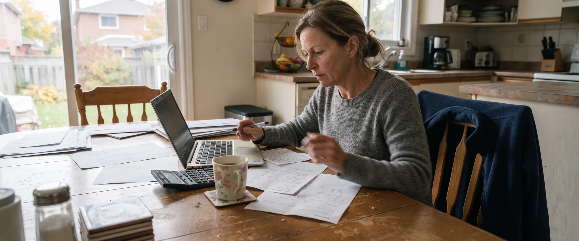 Homeowner working out window replacement costs at a kitchen table