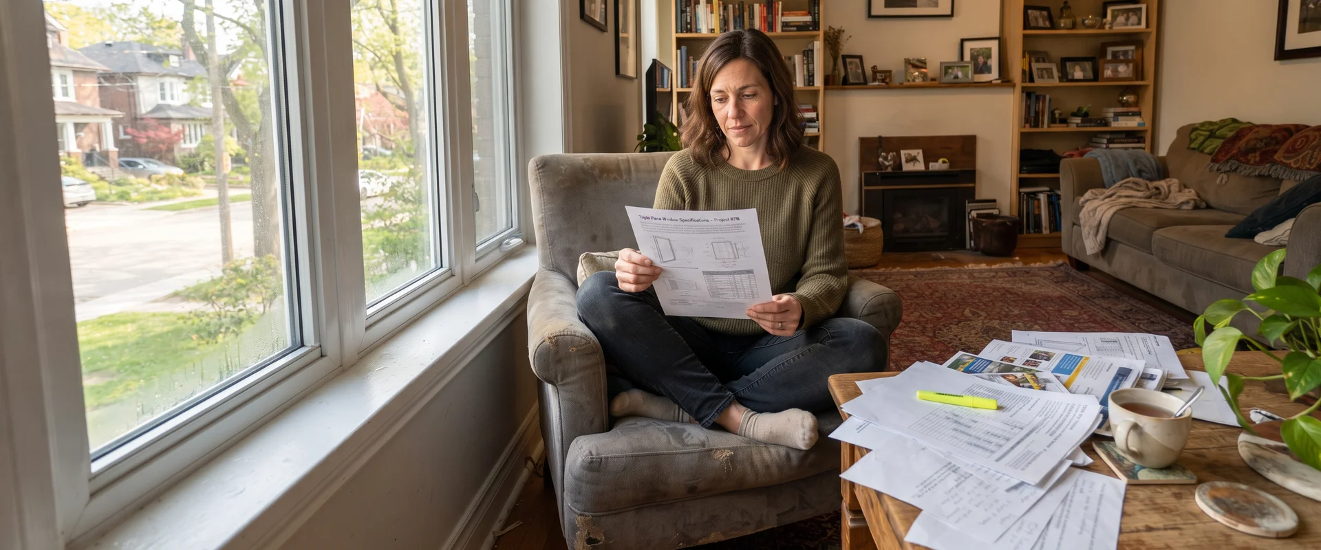 Homeowner reading window specification documents beside a sunlit triple-pane window