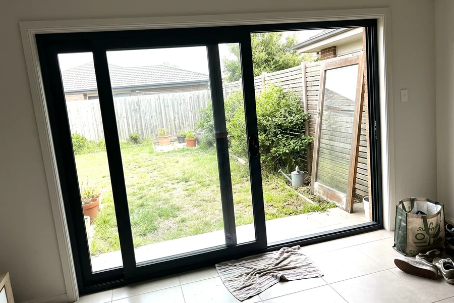 After: a new wide sliding patio door with slim frames and clear glass