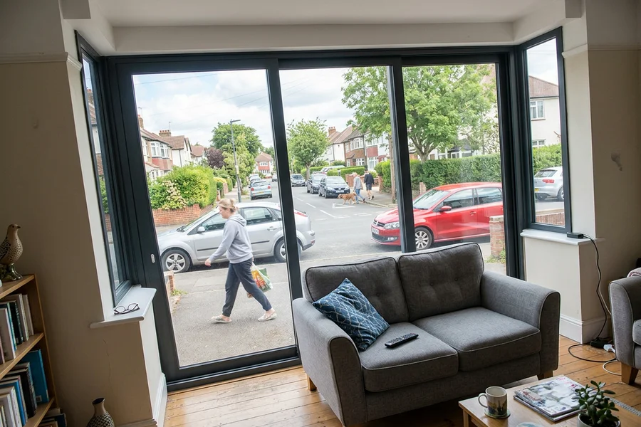 After: slimline European aluminium frames with far more glass