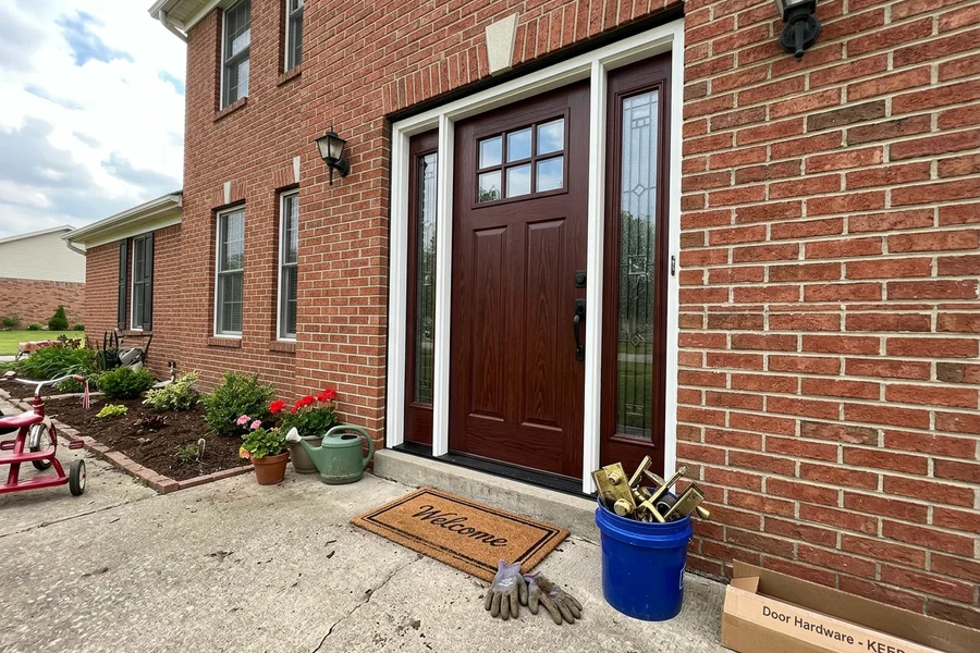 After: the same entrance with a new fiberglass door and sidelites