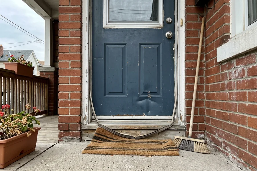 Before: faded, dented steel entry door with worn weatherstripping
