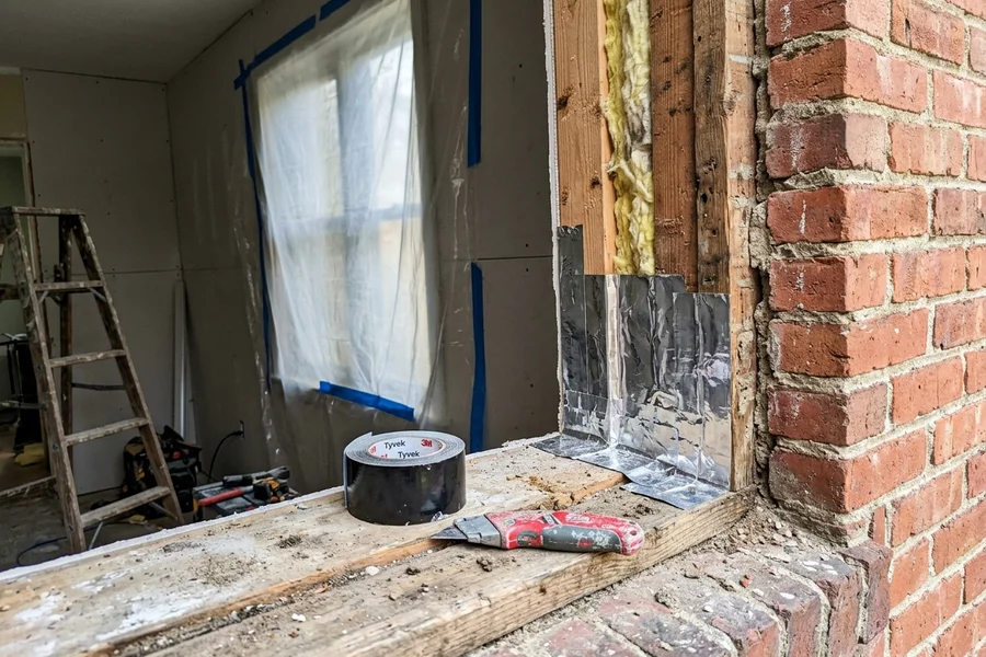 Brick-to-brick opening prepared with fresh flashing and insulation