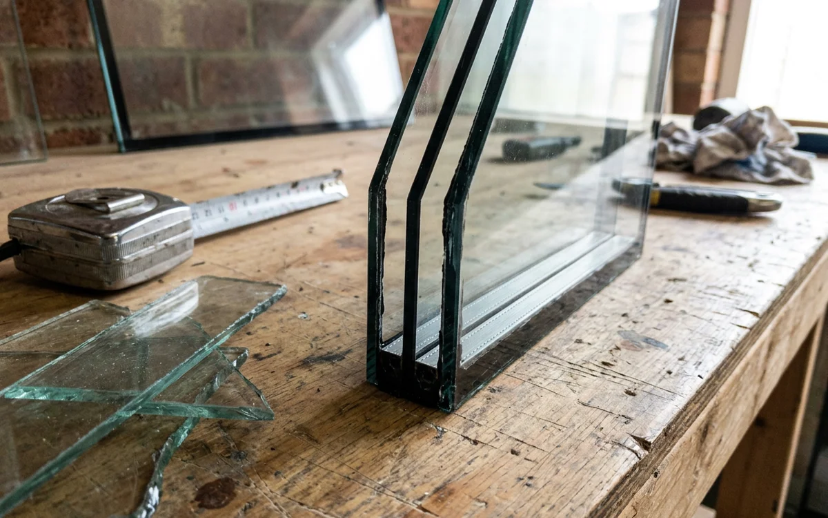 Close-up of a triple-pane insulated glass unit showing the warm-edge spacer and sealed argon cavity