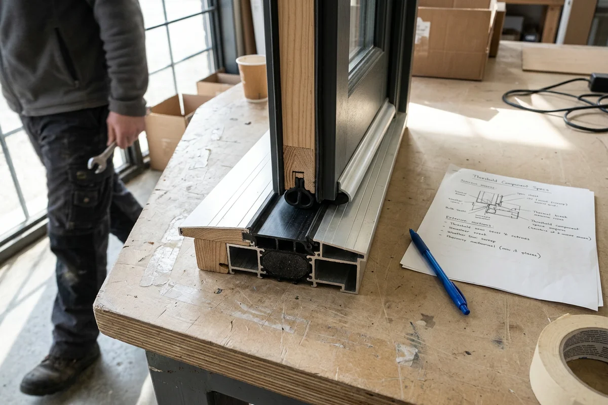 Cutaway of an entry door threshold showing the thermal-break sill, bottom sweep and weatherstripping