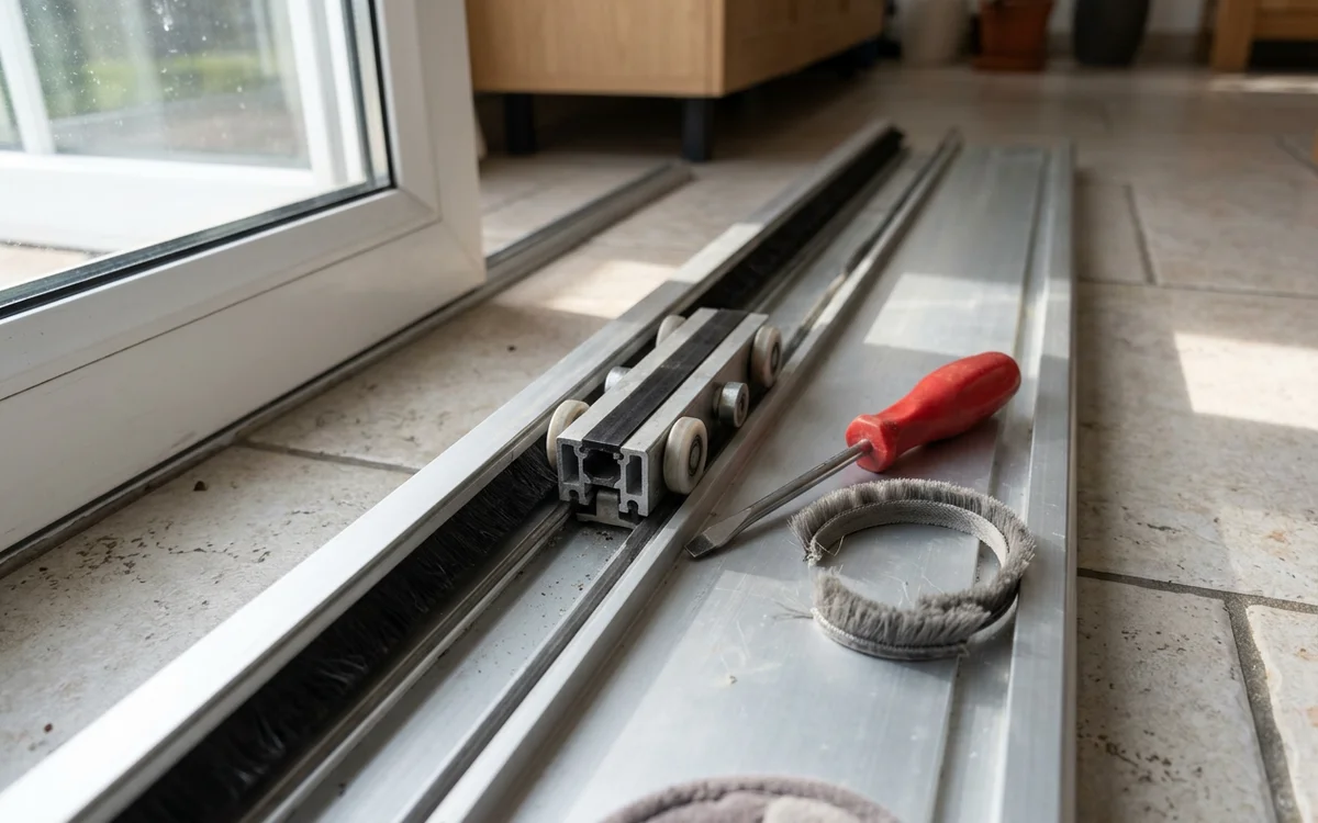 Lift-and-slide patio door track and roller carriage showing the thermal break and brush seal