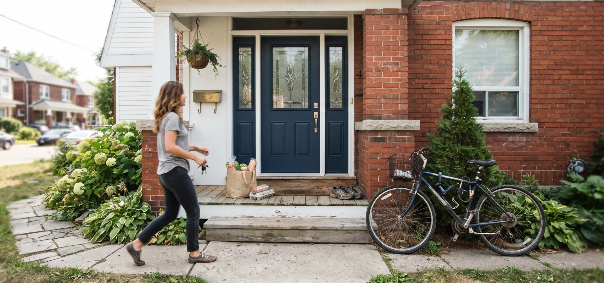 GTA home front entrance with a new fiberglass entry door, sidelites and transom