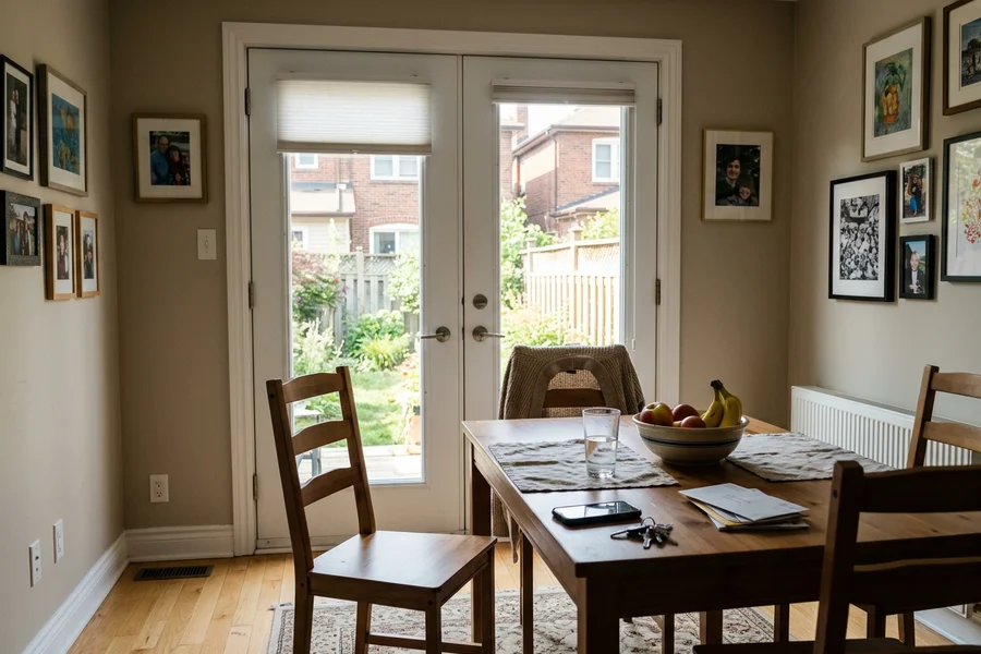Garden swing patio door with two hinged panels in a Toronto dining room