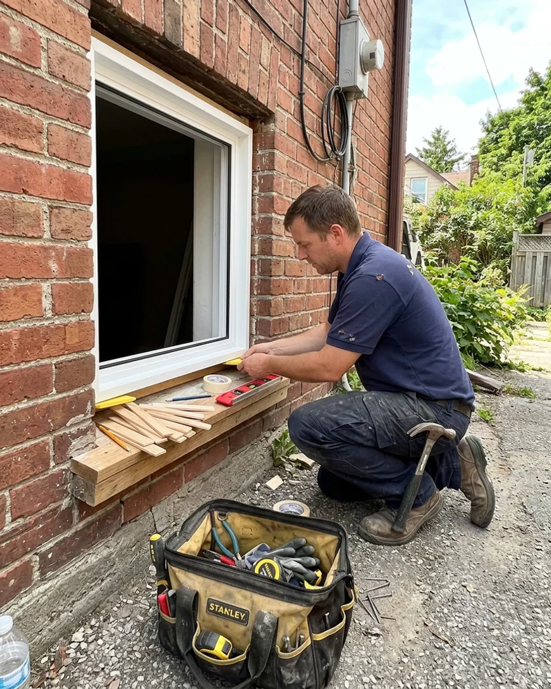 In-house installer setting and shimming a new window frame square in a brick opening