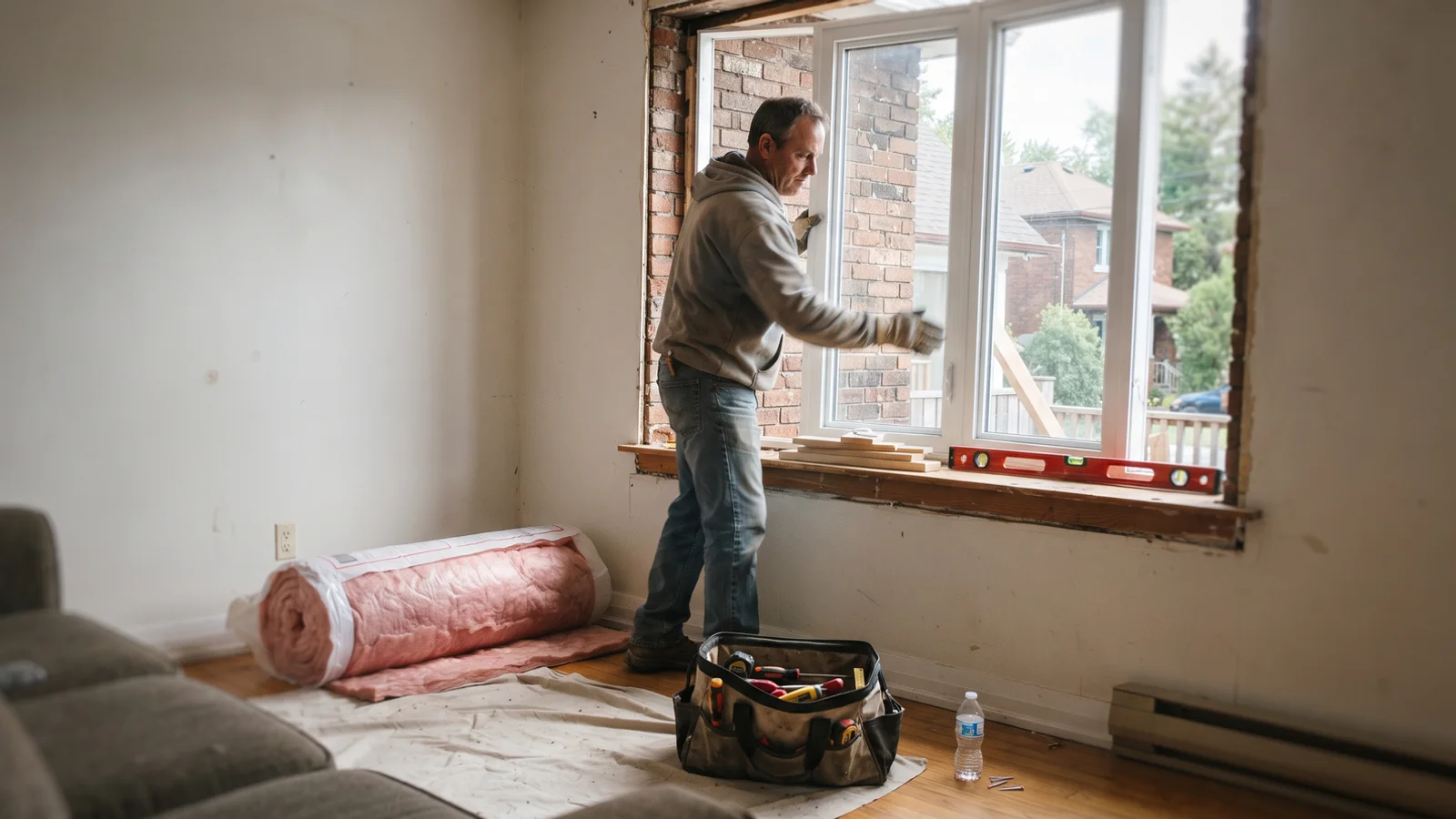 Installer fitting a new triple-pane vinyl window into a brick opening on a Toronto home