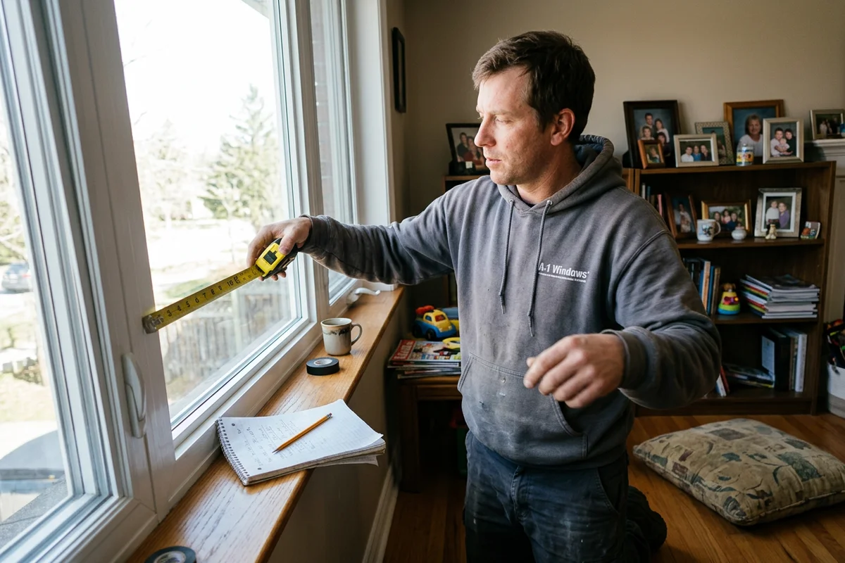 Installer measuring a window opening inside a home in the Toronto area
