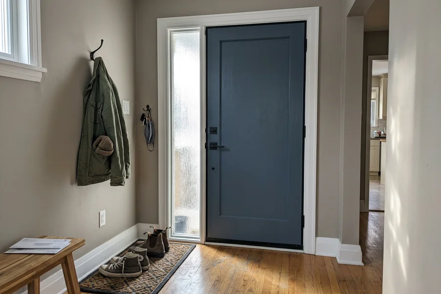 Interior view of a finished entry door with new trim and weatherstripping