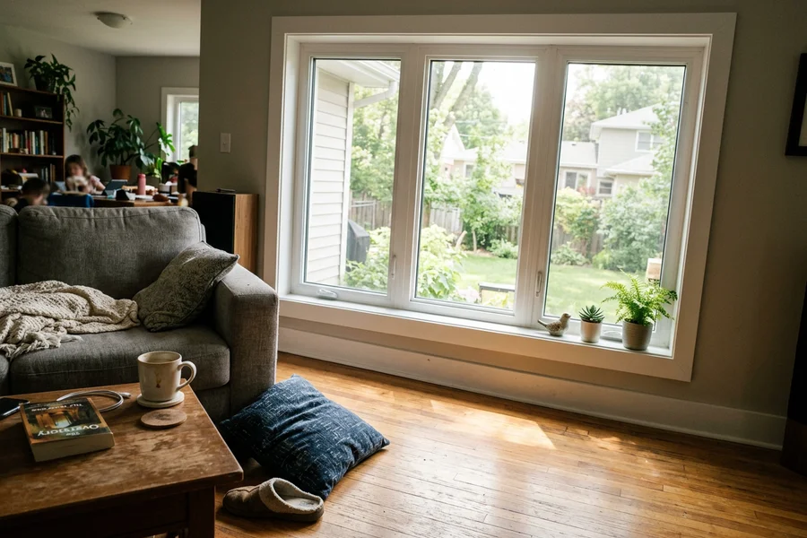 Interior view of a new triple-pane living room window with a clean trim return