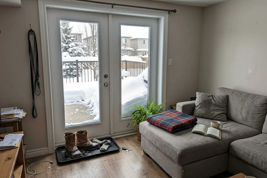 Interior view of a walkout basement patio door with a clean trim return