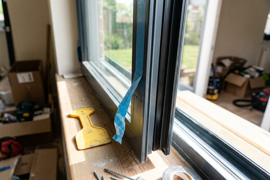 Low-E coated glazing edge detail on a patio door panel