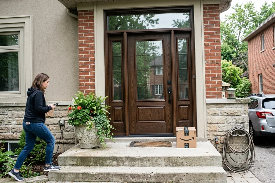 New fiberglass entry door with sidelites and transom on an Oakville home