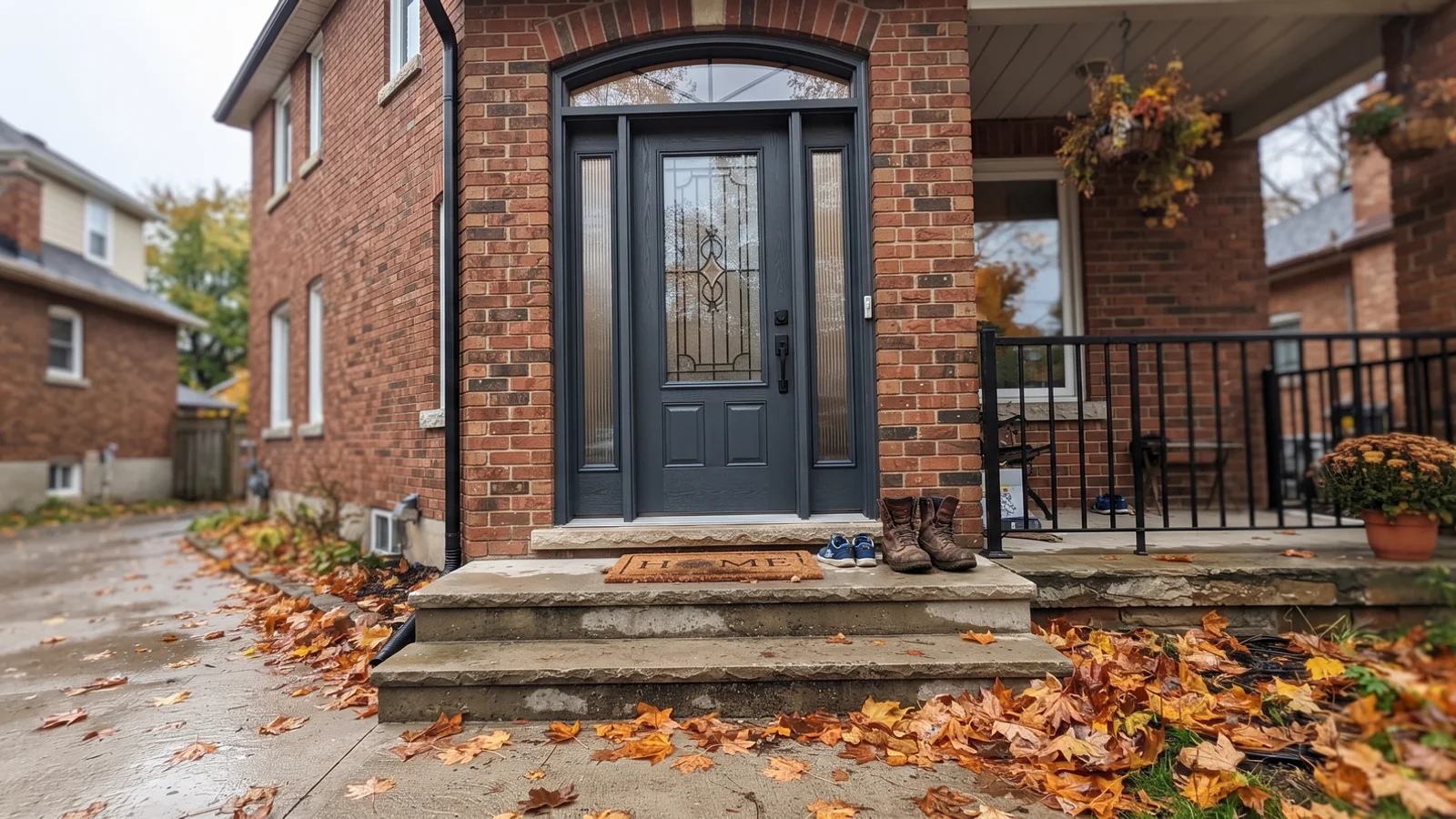 New fiberglass entry door with sidelites and transom on a GTA brick home