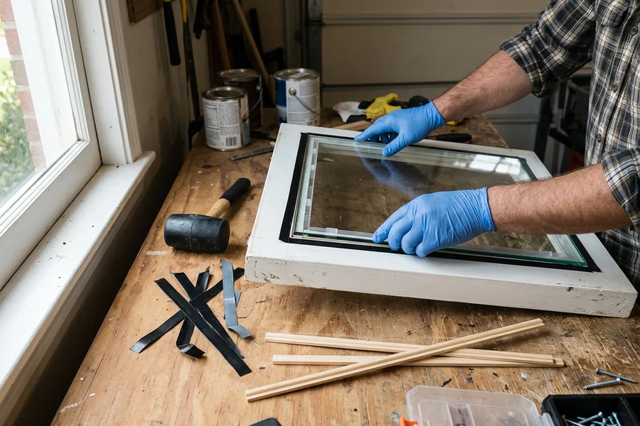 New sealed glass unit bedded into an existing sash with fresh glazing tape