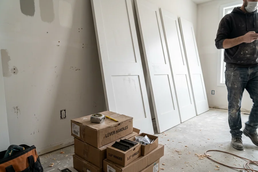 Matched interior doors and hardware laid out before installation