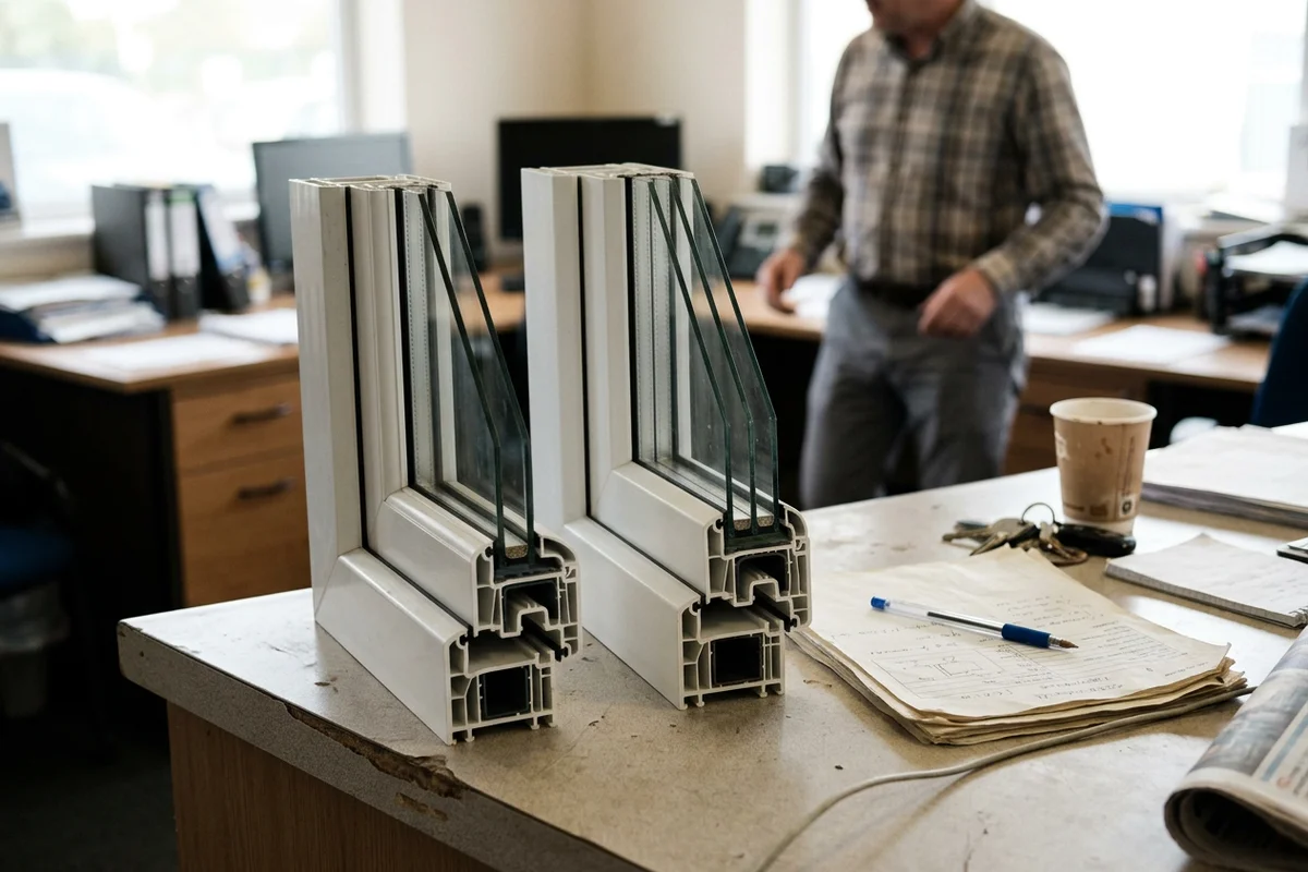 Comparison of double-pane and triple-pane window cross-sections showing glazing cavities and spacers