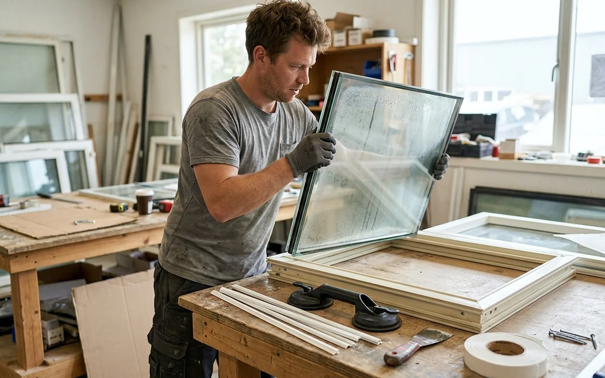 Technician lifting a failed insulated glass unit out of its vinyl sash