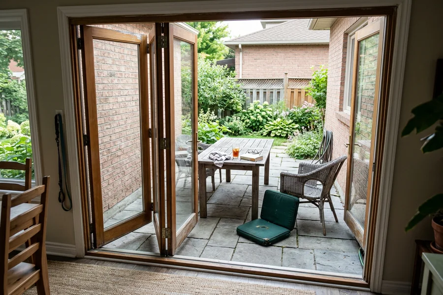 Three-panel bifold patio door folded open across a rear wall onto a stone patio