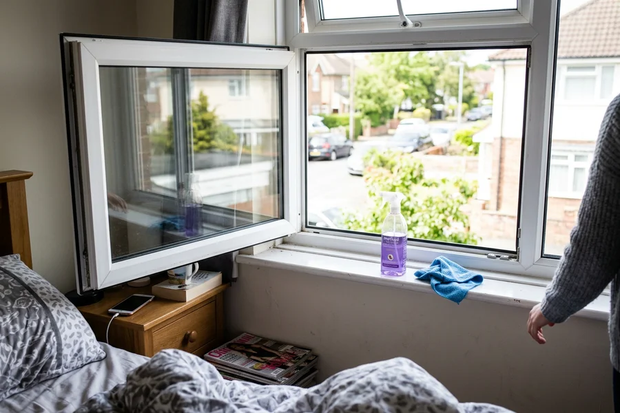 Tilt-and-turn window swung fully inward on its side hinge