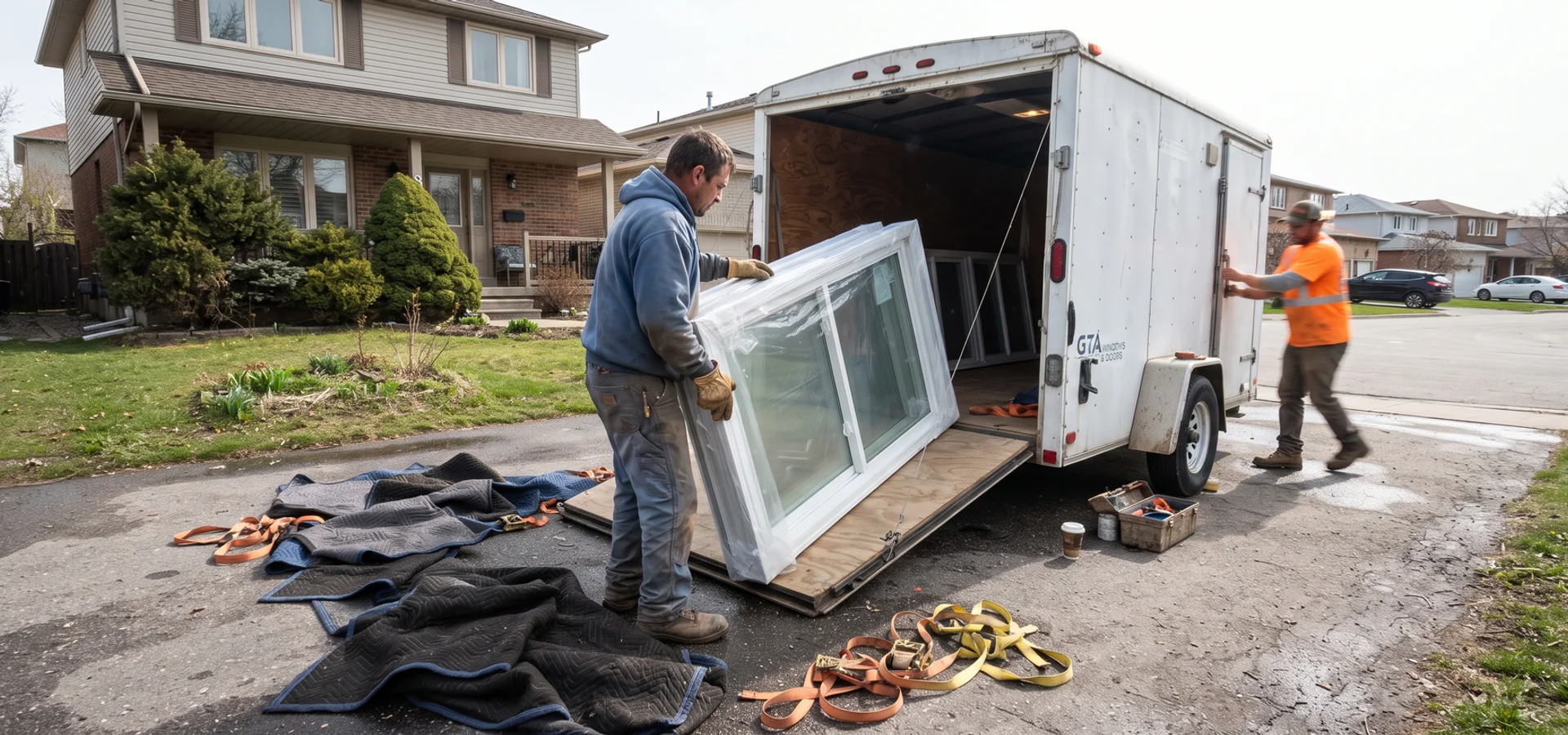 Toronto Quality Windows installation crew unloading window units outside a GTA home