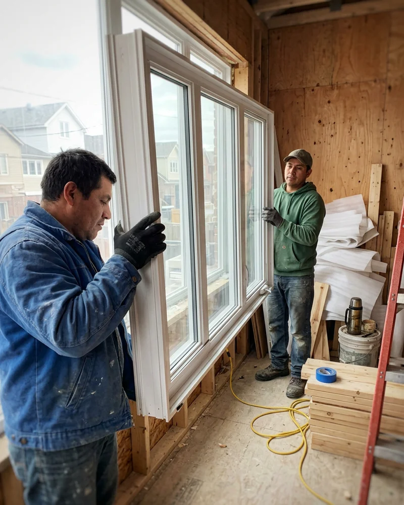 Two crew members lifting a large triple-pane window unit into place on a Toronto job site
