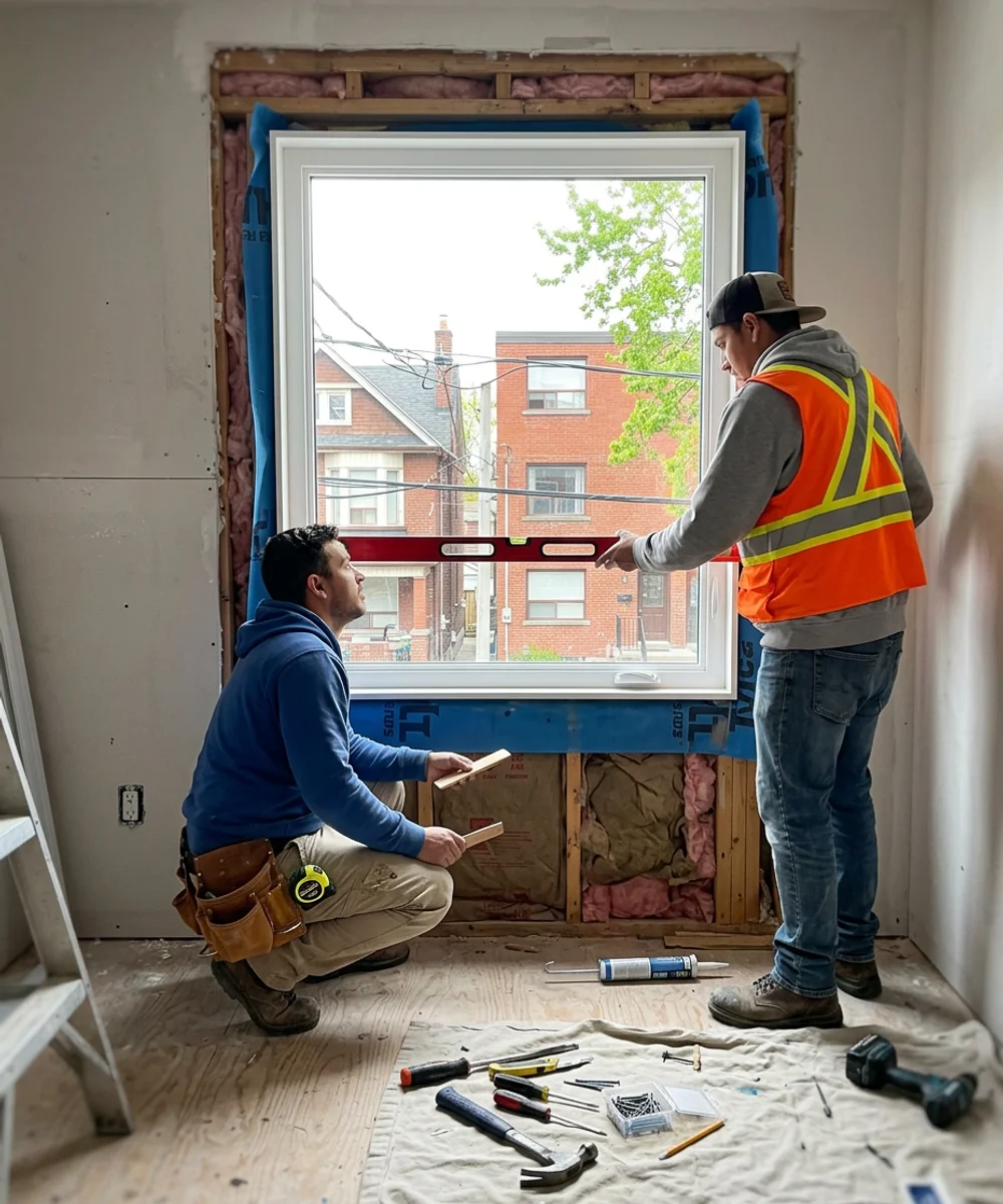 Two installers checking a level across a newly set window frame on a Toronto job site