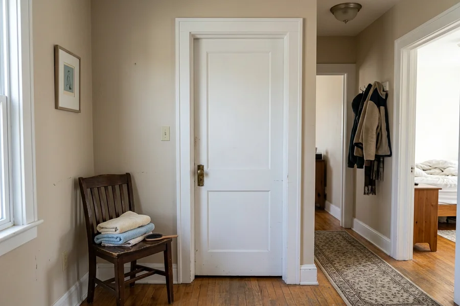 Two-panel shaker style interior door in a painted white finish