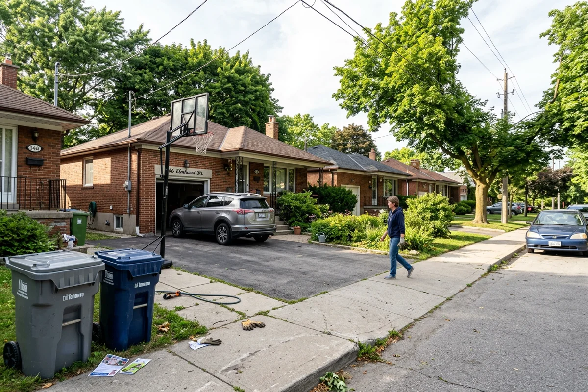 Residential street of brick detached homes typical of Toronto