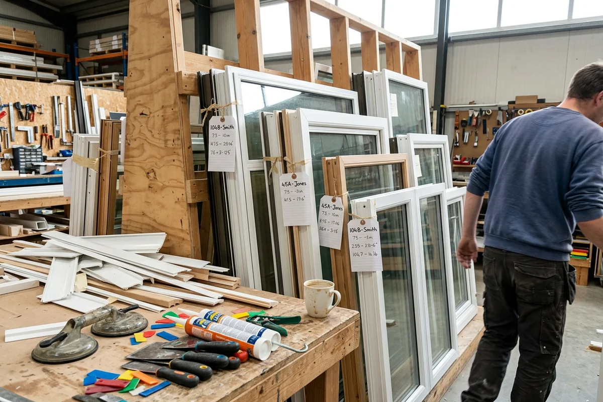 Window units stacked and labelled in a working warehouse with glazing tools and trim stock